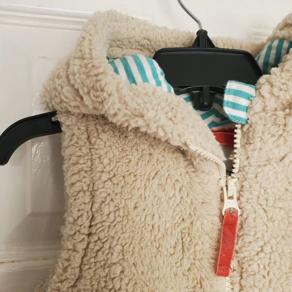 Mini Boden Sherpa Vest Cream‎ Fleece Hooded Striped Lining Cozy Layering 2-3Y